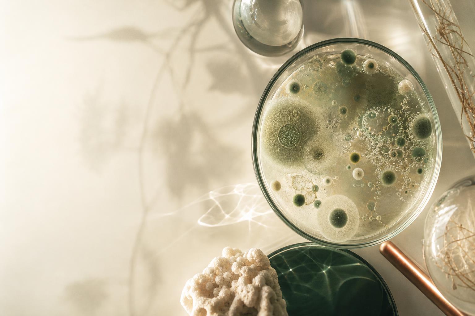Abstracte laboratoriumopstelling met natuurlijke microbioomtexturen
