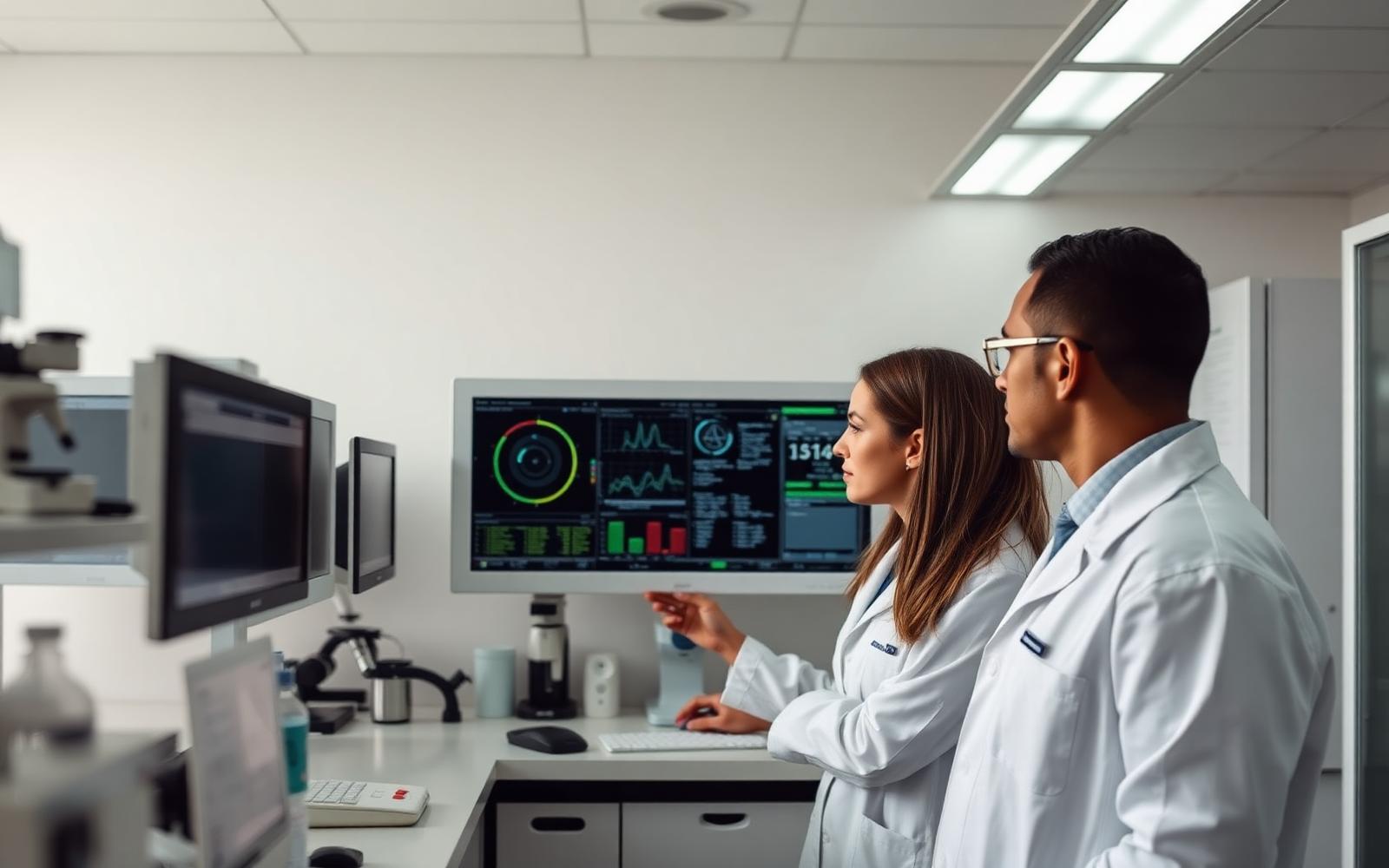 Onderzoekers beoordelen analyseresultaten in een laboratorium van JorClinic